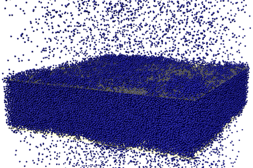 Snapshot of a fluctuating liquid–vapour interface formed by 210,000 particles in a molecular dynamics simulation
