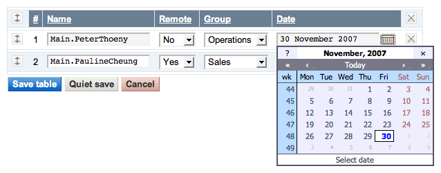 Edit Table Calendar Example